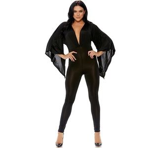 Angel Sleeve Jumpsuit with Plunging Neckline - Black